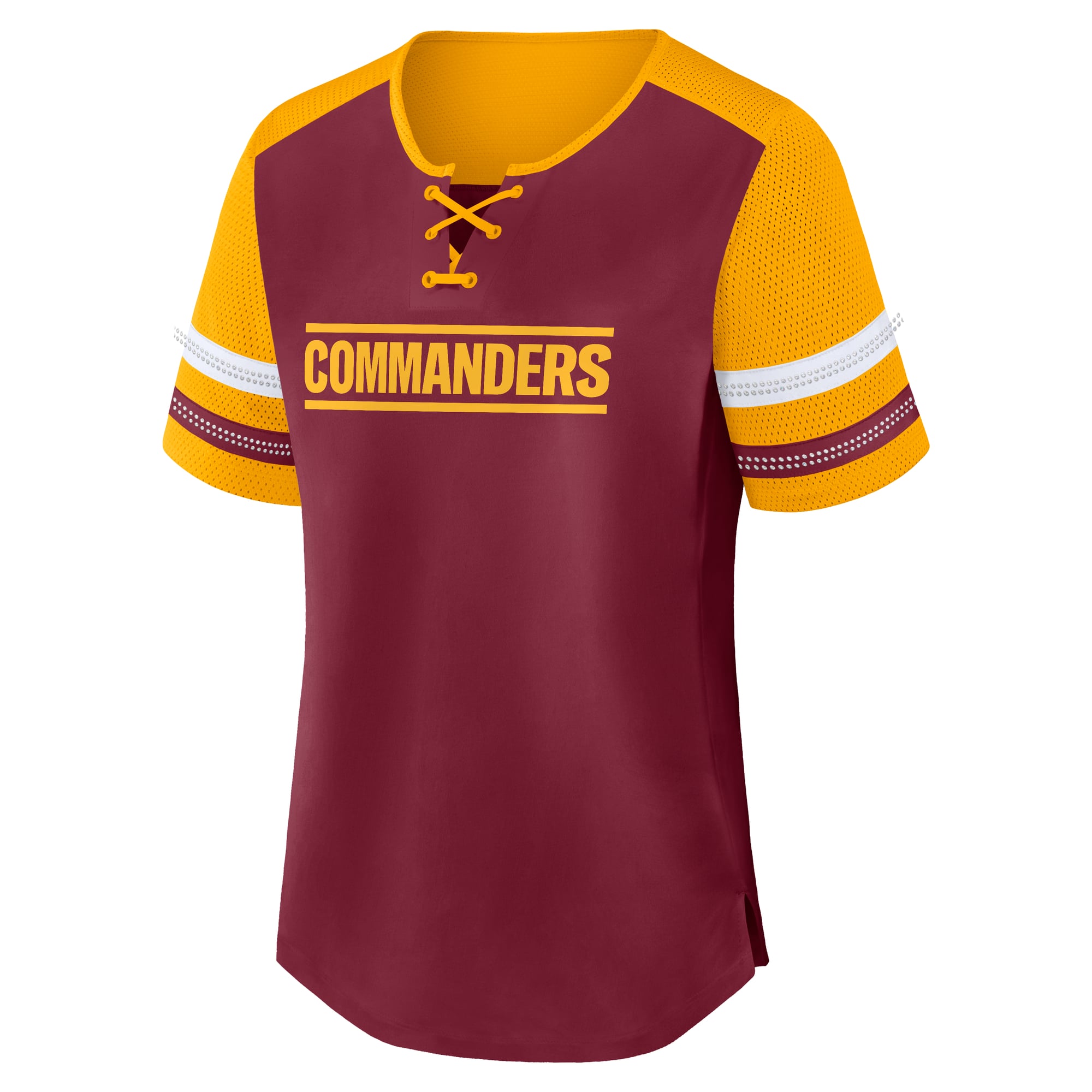 T-shirt Fanatics Jayden Daniels bordeaux Washington Commanders Curl Route Athena à lacets avec nom et numéro pour femme